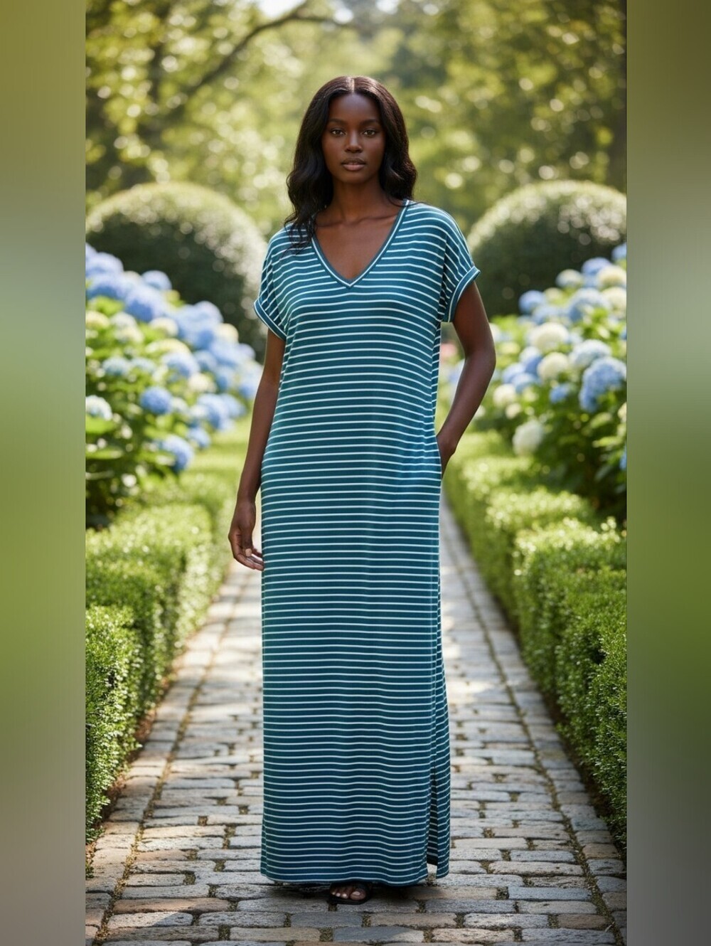 "Matilda Jane Set Sail Maxi Dress Teal Blue Stripe V-Neck Pockets 95% Rayon M